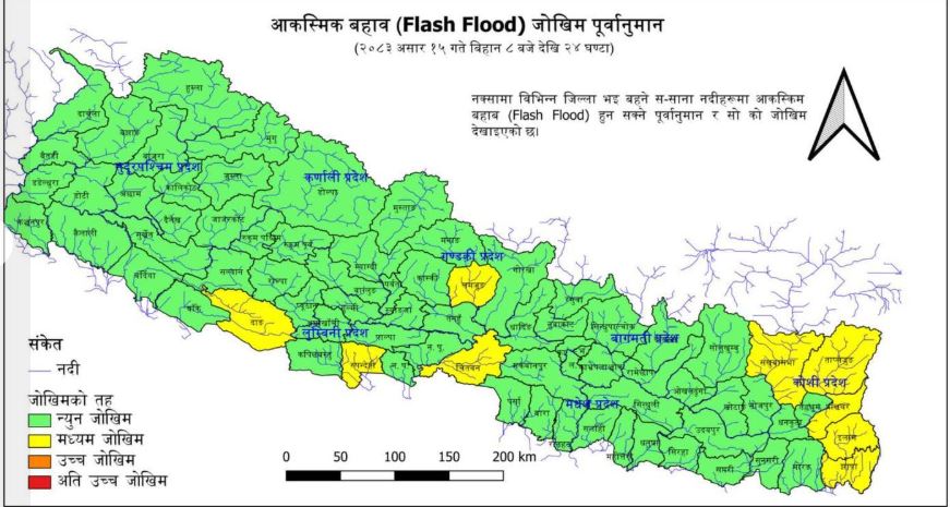 असार १५, १६ र १७ गते यी ठाउँमा बाढीको मध्यमदेखि उच्च जोखिम